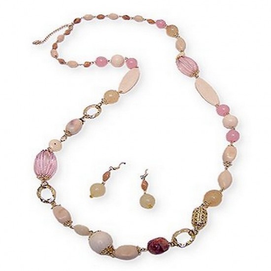 Long-strand Faux Stone Beads Necklace & Earring Set - NE-SMS3009D