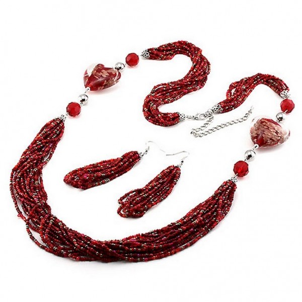 36" Murano Heart w/ Beaded Strands Necklace & Earrings Set - Red Colors - NE-UNE11700RED