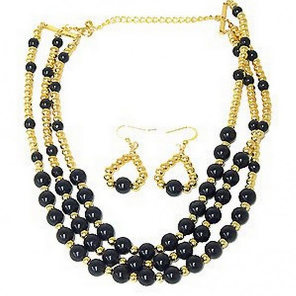 Multi Chain Onyx W/Golden Beads Necklace + Earrings Set - NE-WNE1009