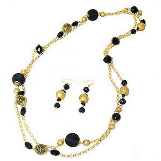Gold TOne Chain W/Faux Onyx Beads Necklace + Earrings Set - NE-WNE1010