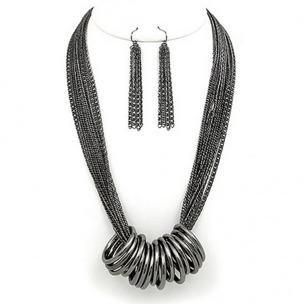 Multi Chain Strand w/ Multi Rings Necklace & Earrings Set - Hematite - NE-WNE25506HEMA