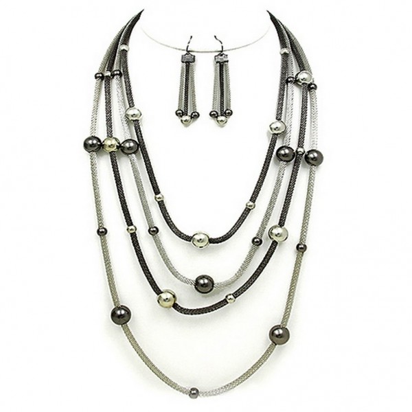Multi Mesh Strand w/ Beads Necklace & Earrings Set - Rhodium / Hematite - NE-WNE25510HMRH