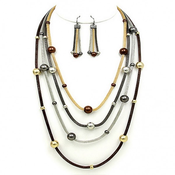Multi Mesh Strand w/ Beads Necklace & Earrings Set - Multi  Colors - NE-WNE25510MT