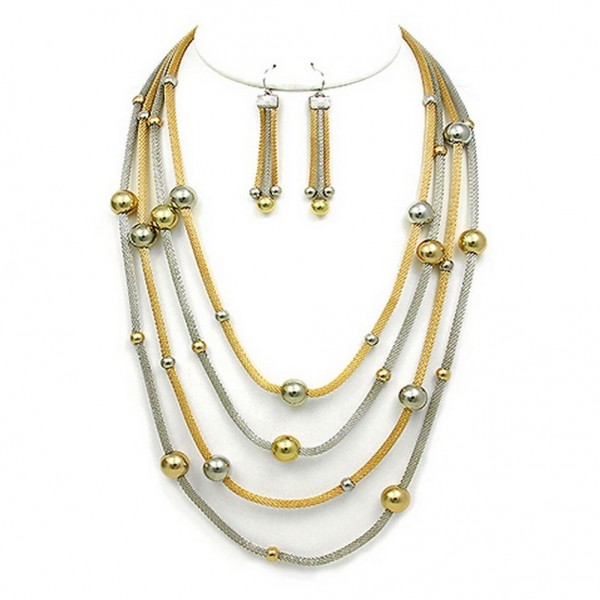 Multi Mesh Strand w/ Beads Necklace & Earrings Set - Rhodium / Gold  - NE-WNE25510RHGD