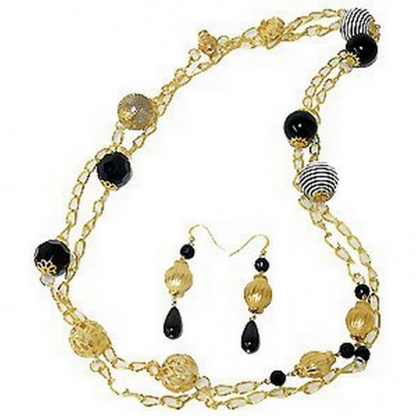 Gold Tone Chain W/ Faux Onyx Beads&Carving Beads Necklace + Earrings Set - NE-WNE286