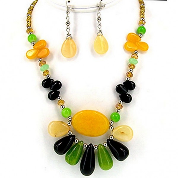 Semi-Precious Stone Multi-Strand Necklace & Earrings Set - Yellow Agate, Onyx Jade - NE-WS0722RDYEL