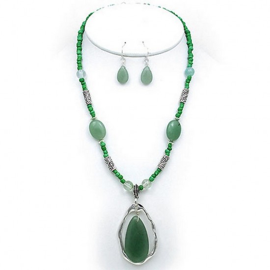 Semi-Precious Stone Necklace & Earrings Set - Green - NE-WS0738ASAVE