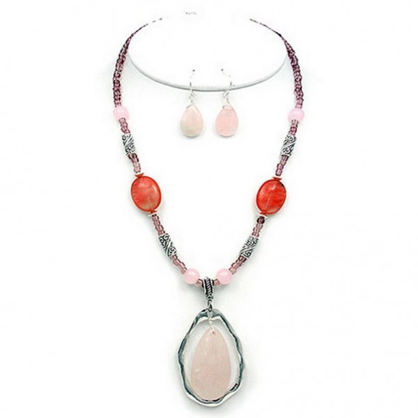 Semi-Precious Stone Necklace & Earrings Set - Rose Quartz  - NE-WS0738ASROQ