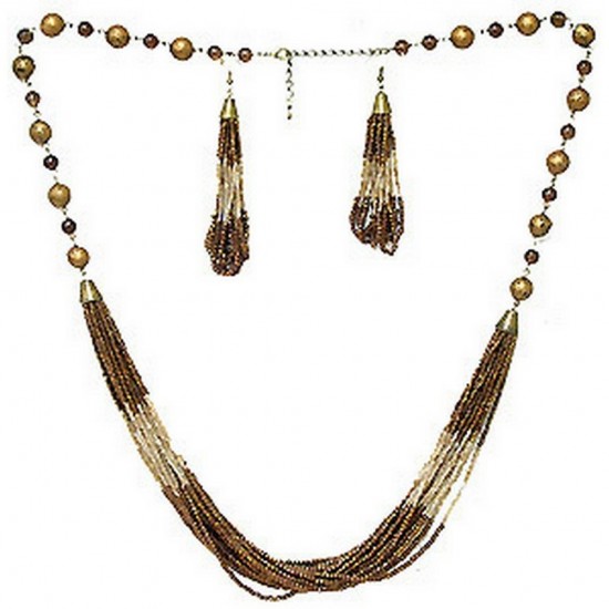 Brown Beaded Multi Strands Necklace & Earring Set - NE-YCS10800A