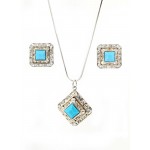 Crystal Square Charm w/ TQ Stone Necklace & Earring Set - NE-41202STQ