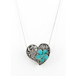 Casting Silver Filigree Heart Charm Necklace w/ Turquoise Flower Accent - NE-P5297TQ