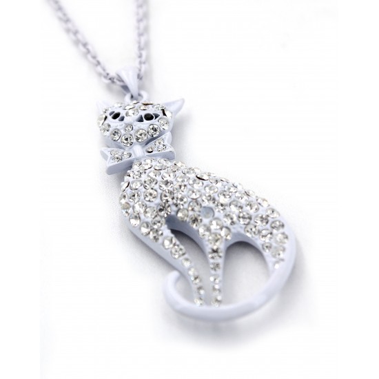 Rhinestone Kitty w/ Bow Charms Necklaces - White -NE-JN4422WH