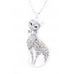 Rhinestone Kitty w/ Bow Charms Necklaces - White -NE-JN4422WH