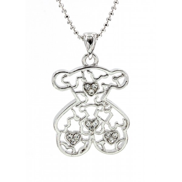 T-Bear w/ Hearts Charm Crystals Necklacle  - Rhodium Plating - Clear - NE-N4487CL