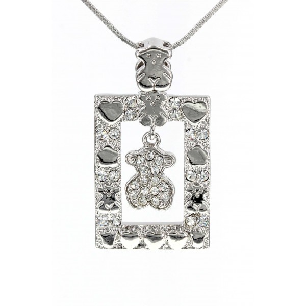 T-Bear w/ Hearts Charm Crystals Necklacle  - Rectangle Shape- Rhodium Plating - Clear - NE-N4496CL