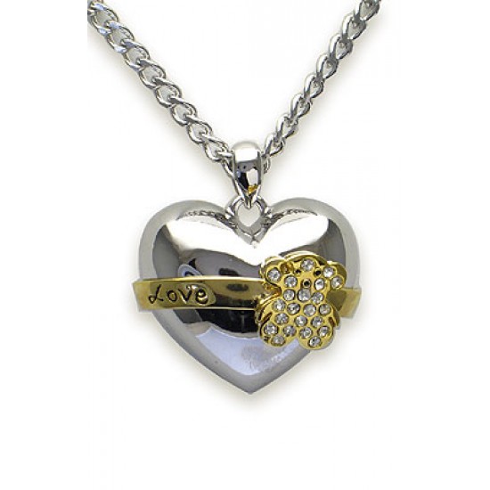 Necklace - T-Bear Swarovski Crystal Heart Charm w/Golden Ribbon - NE-N5012SV