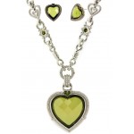 Necklace - Rhodium Chain w/Faceted Glass Heart Charm NE & Earring Set - Olive Green - NE-S6315LRDOV