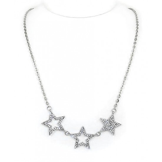 Rhinestone Triple Stars Charms Necklaces - Clear - NE-JN4348CL