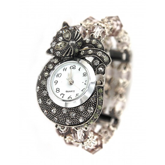 Bracelet Watch - Rhinestone Kitty - Smoke Black - WT-KH01407BK