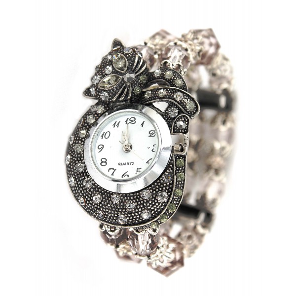 Bracelet Watch - Rhinestone Kitty - Smoke Black - WT-KH01407BK