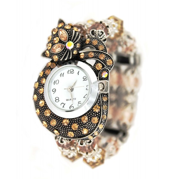 Bracelet Watch - Rhinestone Kitty - Brown - WT-KH01407BN