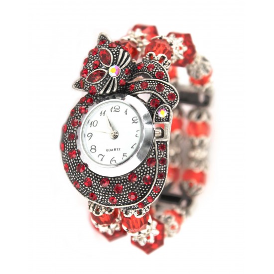 Bracelet Watch - Rhinestone Kitty - Red - WT-KH01407RD