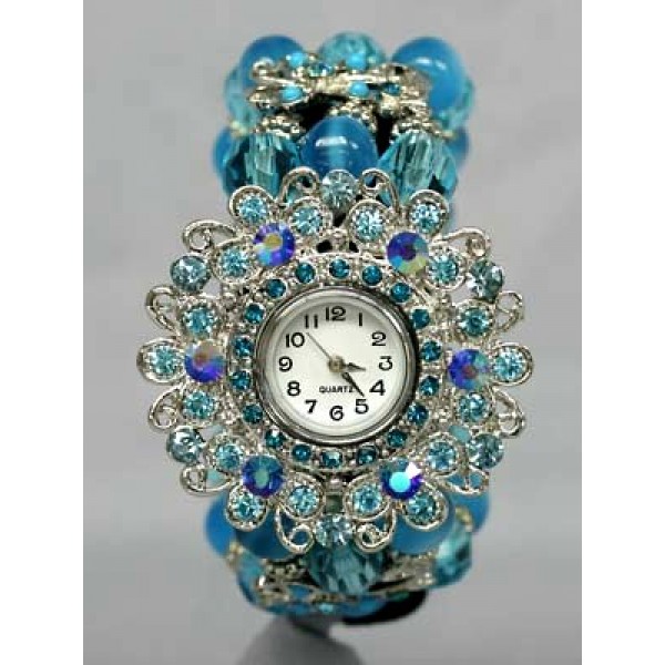 Bracelet Watch - Rhinestones w/ Multi Beaded Stretchable Bracelet - Blue