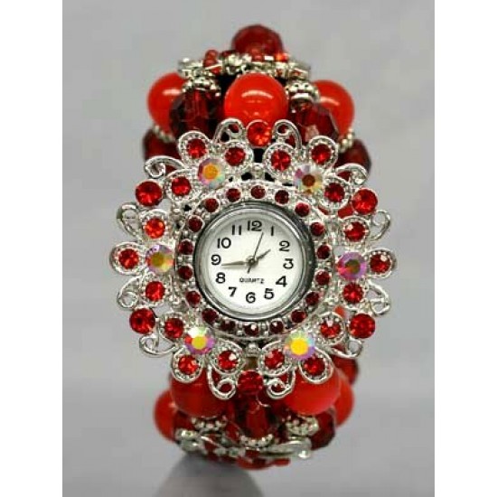 Bracelet Watch - Rhinestones w/ Multi Beaded Stretchable Bracelet - Red - WT-KH07232RD