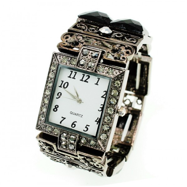 Bracelet Watch - Rhinestones w/ Multi Beaded Stretchable Bracelet - Black - WT-KH11486BK 