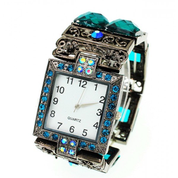 Bracelet Watch - Rhinestones w/ Multi Beaded Stretchable Bracelet - Blue - WT-KH11486BL