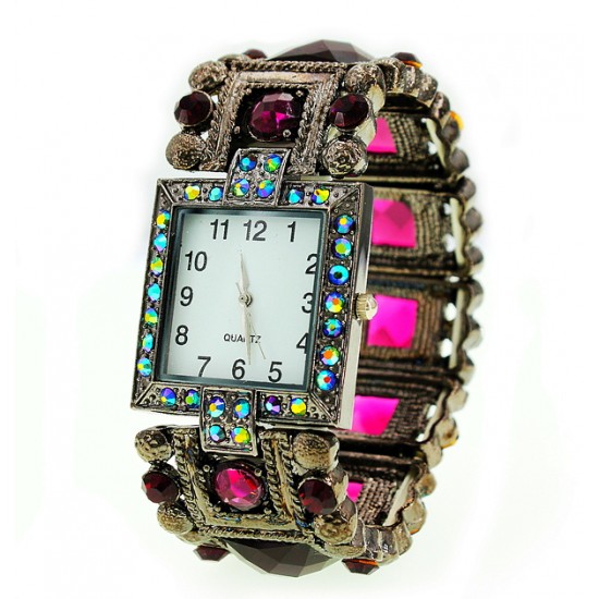 Bracelet Watch - Rhinestones w/ Multi Beaded Stretchable Bracelet - Purple -WT-KH11495PL