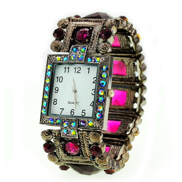 Bracelet Watch - Rhinestones w/ Multi Beaded Stretchable Bracelet - Purple -WT-KH11495PL