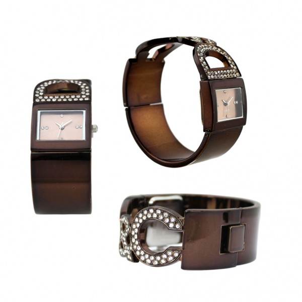 Designer Bangle Watch w/ Rhinestone Letters - Brown - WT-L11165BN