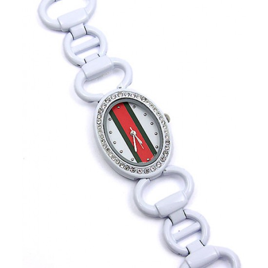 Lady Watch - Metal Link Strap w/ Red & Green Striped Design - White - WT-L3070WT