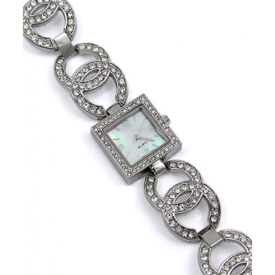 Lady Watch - Rhinestone Dual Circle Links - Silver - WT-L5304SV