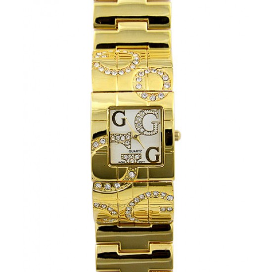 Lady Watch - Metal Wide Band w/ Rhinestone Letter - Gold - WT-L80021GD