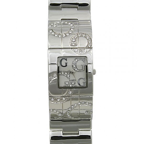 Lady Watch - Metal Wide Band w/ Rhinestone Letter - Silver - WT-L80021SV