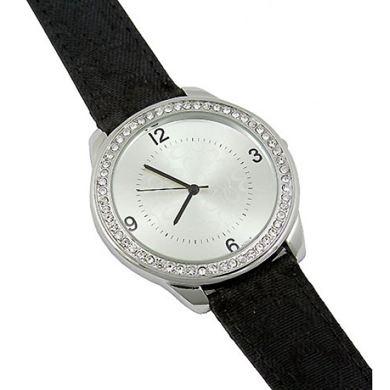 Lady Watch - Monogram Band w/ Rhinestone Accent Frame - Black - WT-L80043CBK