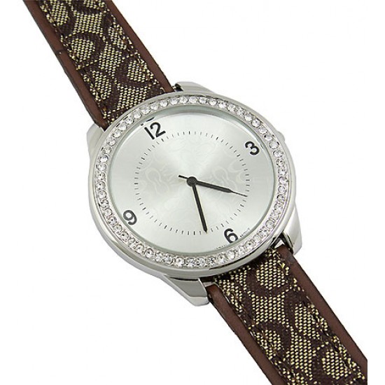 Lady Watch - Monogram Band w/ Rhinestone Accent Frame - Dark Brown - WT-L80043CDBN