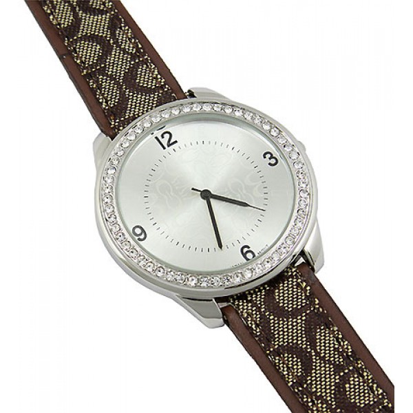 Lady Watch - Monogram Band w/ Rhinestone Accent Frame - Dark Brown - WT-L80043CDBN