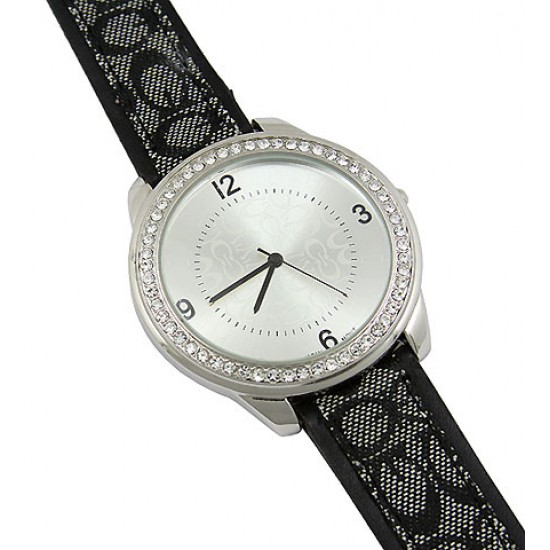 Lady Watch - Monogram Band w/ Rhinestone Accent Frame - Grey - WT-L80043CGY