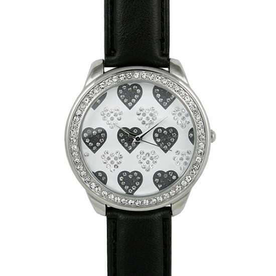 Lady Watch - Fine Faux Leather Band w/ Rhinestone Heart - Black -WT-L80135BK