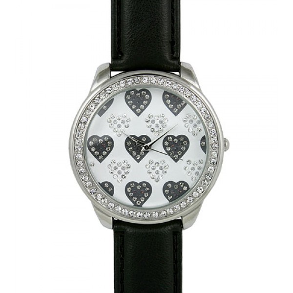 Lady Watch - Fine Faux Leather Band w/ Rhinestone Heart - Black -WT-L80135BK