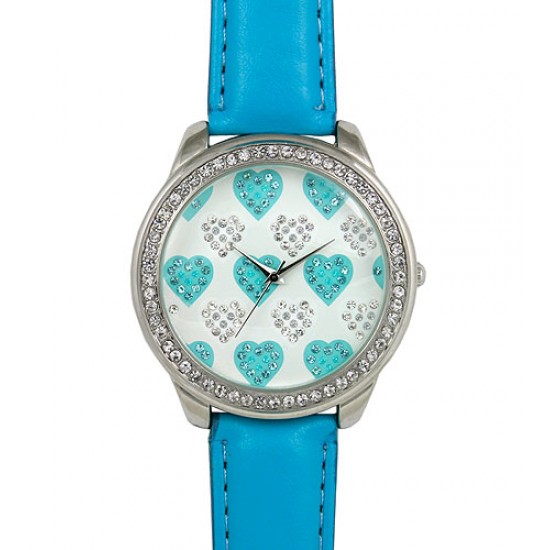 Lady Watch - Fine Faux Leather Band w/ Rhinestone Heart - Blue