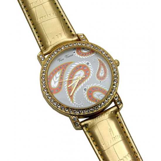 Lady Watch - Faux Croc Embossed Band w/ Rhinestone Paisley Print - Gold - WT-L80629GD