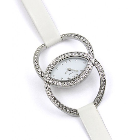 Lady Watch - Rhinestone Dual Circles Frame - White - WT-L80631/WT