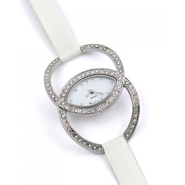 Lady Watch - Rhinestone Dual Circles Frame - White - WT-L80631/WT