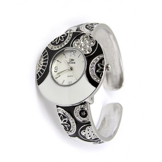 Lady Watch - Paved Rhinestone & Engraved Floral Cuff - Black/White -WT-L80636BK-WT