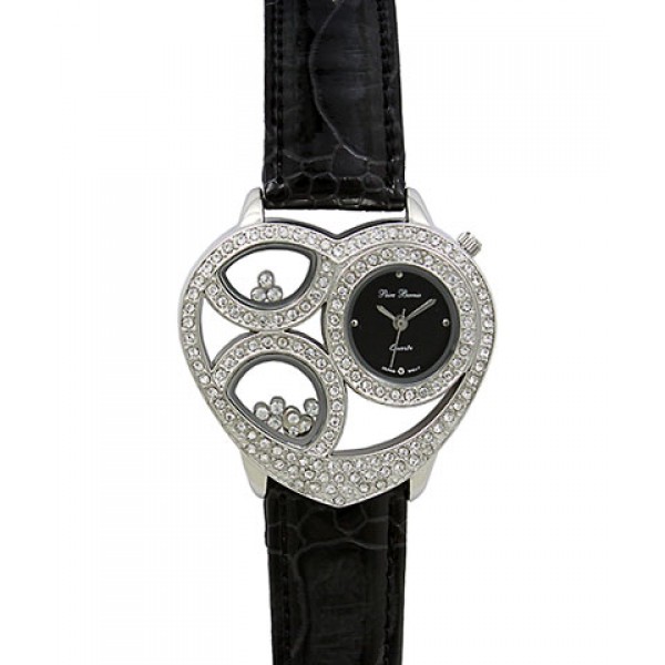 Lady Watch - Rhinestone Heart Shape Frame w/ Croc Embossed Band - Black - WT-L80665BK