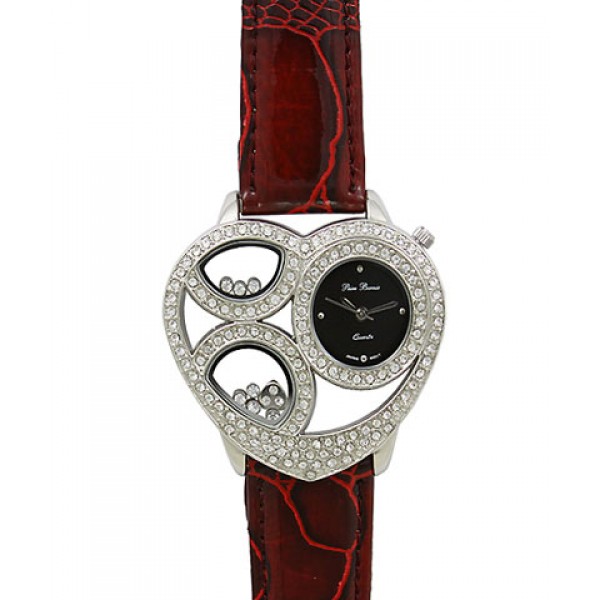 Lady Watch - Rhinestone Heart Shape Frame w/ Croc Embossed Band - Red - WT-L80665RD